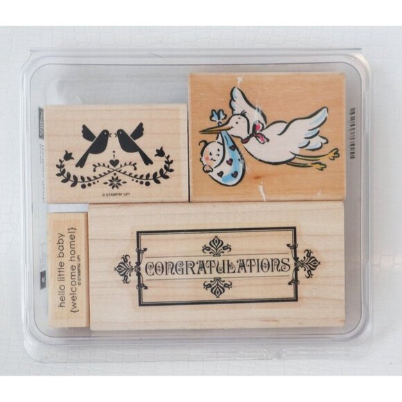 4 Vintage Rubber Stamps Congratulations Stork Birds Hello Little Baby Stampin Up - Picture 1 of 2